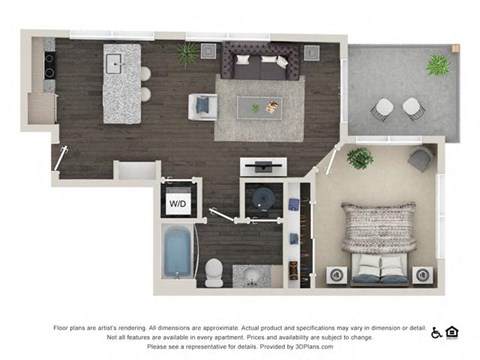 Floor plan for 1 bed, 1 bath, 651 sqft